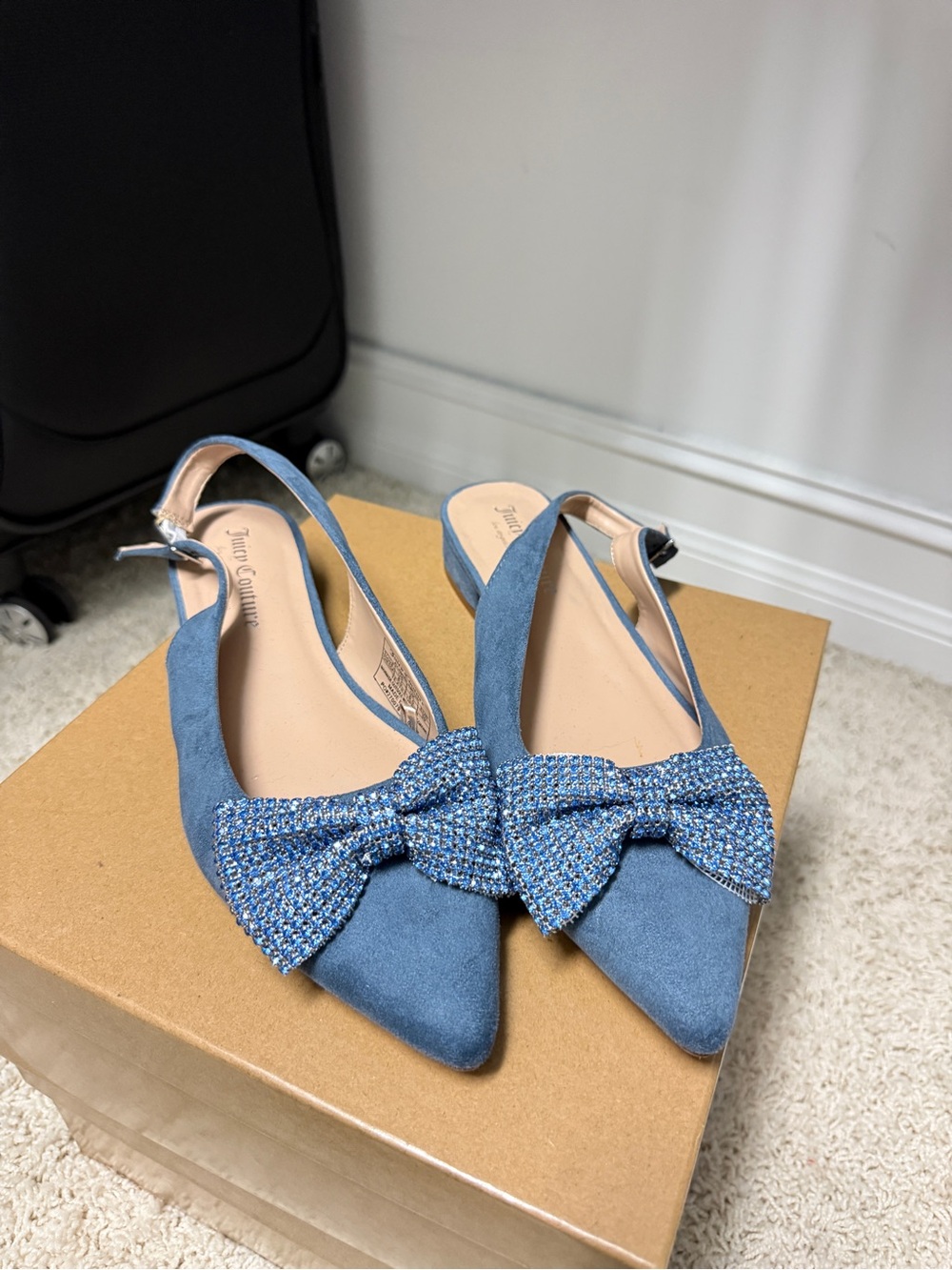 Juicy Couture Blue Pointed Slingback Flats with Rhinestone Bow